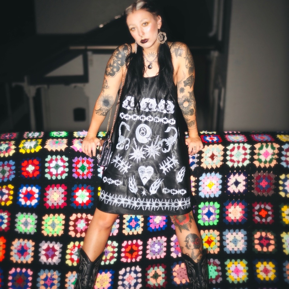 ♰ Vintage black silk slip dress with prints ♰
